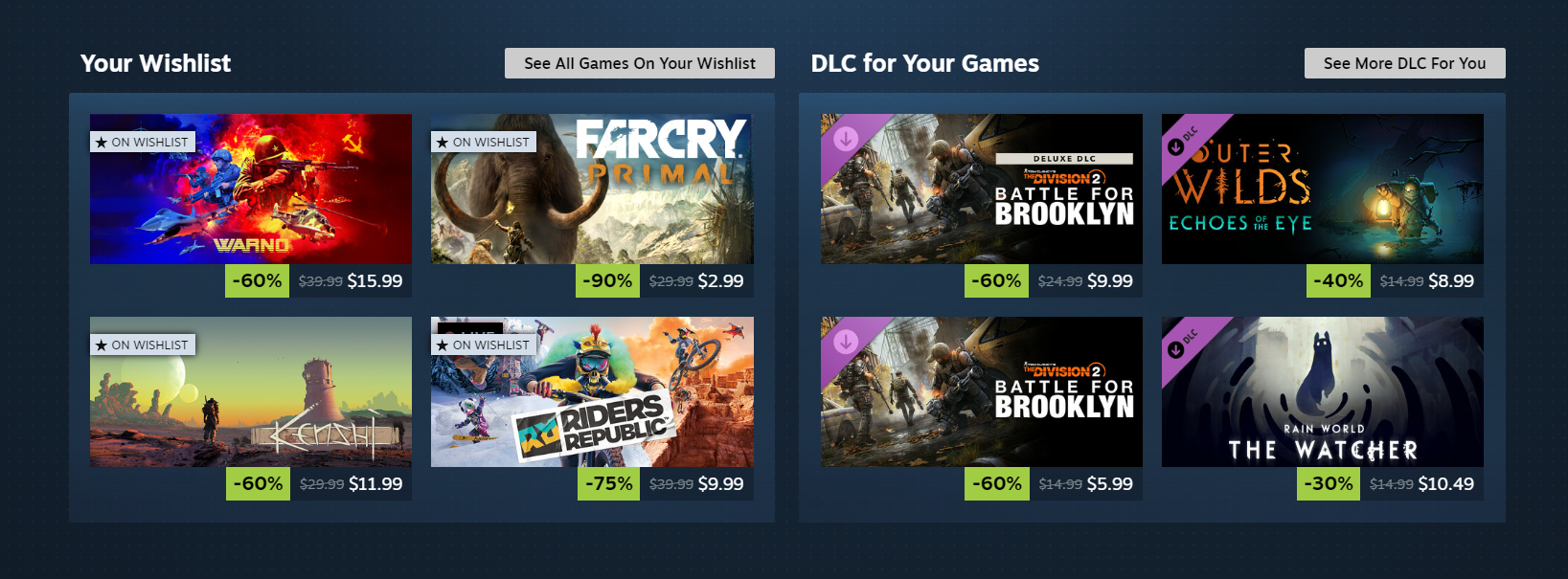 Steam Store - Wunschliste und DLC Bereiche