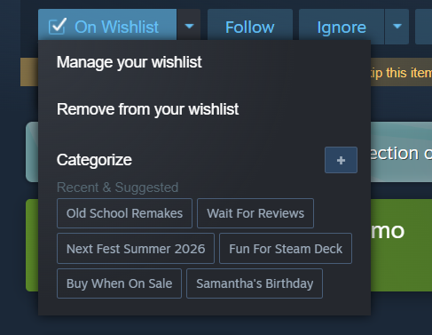 New categories in the “On Wishlist” dropdown
