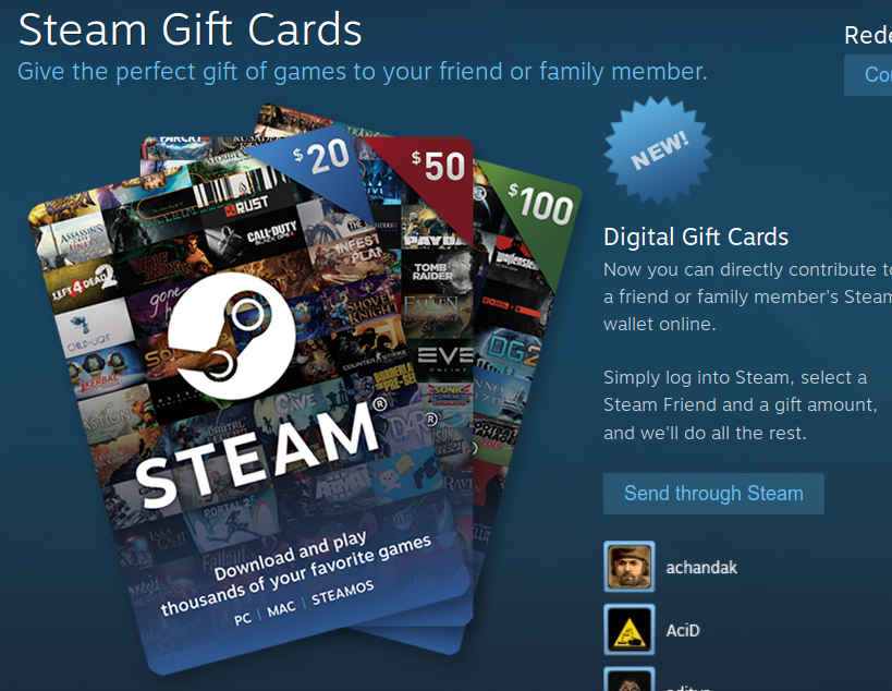 Digitale Geschenk-Karten jetzt auf Steam erhältlich